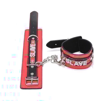 Algema Com Corrente, Fivelas em Couro e Palavra SLAVE em Strass Brilhante