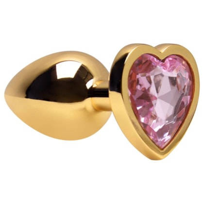 Domvs - Plug Anal em Aço Dourado Com Pedra Coração | Tam. G | Cor: Rosa