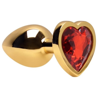 Domvs - Plug Anal em Aço Dourado Com Pedra Coração | Tam. M | Cor: Vermelho