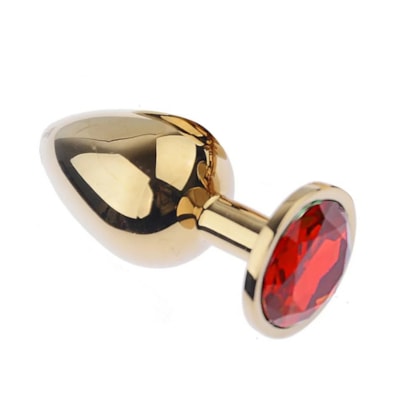 Domvs - Plug Anal em Aço Dourado Com Pedra Redonda | Tam. G | Cor: Vermelho