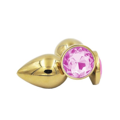 Domvs - Plug Anal em Aço Dourado Com Pedra Redonda | Tam. M | Cor: Rosa