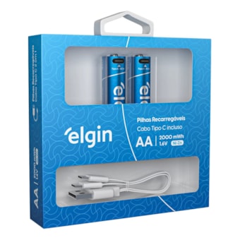 Elgin - 2 Pilhas AA Recarregáveis 2000mah Com Entrada Tipo C e Cabo Duplo