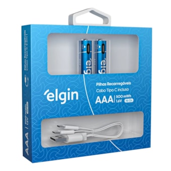 Elgin - 2 Pilhas AAA Recarregáveis 500mwh Com Entrada Tipo C e Cabo Duplo