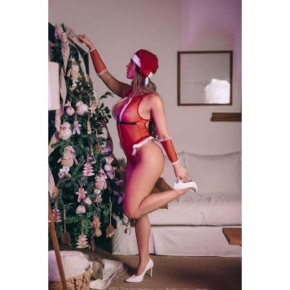Garota Veneno - Body Fantasia Erótica Mamãe Noel Docinho Feito Em Tule Poá Com Elastano