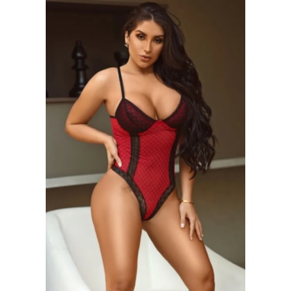 Garota Veneno – Body  em Laise Poá com Detalhes em Renda e Amarrações Sensuais