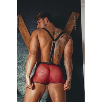 Garota Veneno – Cueca Bombeiro em Arrastão com Suspensório Sensual e Forro Frontal
