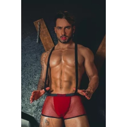Garota Veneno – Cueca Bombeiro em Arrastão com Suspensório Sensual e Forro Frontal