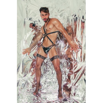 Garota Veneno – Fantasia Gladiador em Vinil com Suspensório Elástico, Argola e Ligas Sensuais