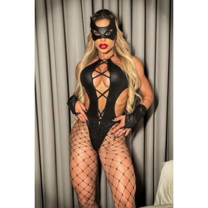 Garota Veneno – Fantasia Mulher Aranha em Couro Resinado com Body, Luvas e Máscara
