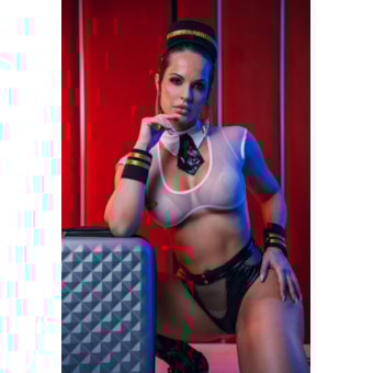 Garota Veneno – Fantasia Sensual de Piloto com Shortinho em Vinil e Top Transparente