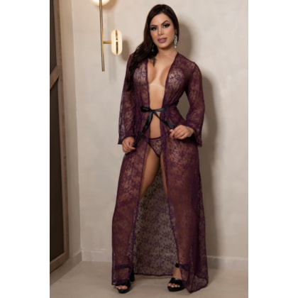 Garota Veneno – Robe Longo em Rendão com Manga Longa, Cinto de Cetim e Calcinha