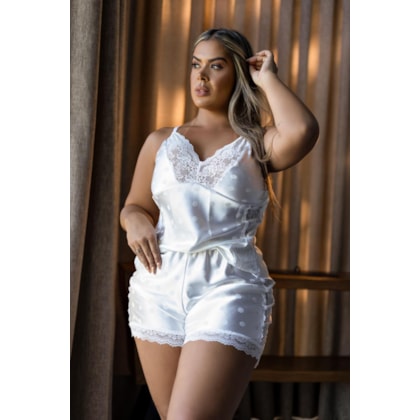 Garota Veneno – Short Doll em Cetim Poá com Renda e Blusa Sem Bojo