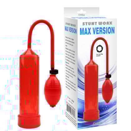 Max Version - Bomba Peniana Manual Vermelho com Sistema de Pêra  | Tubo: 19 x 5,8cm