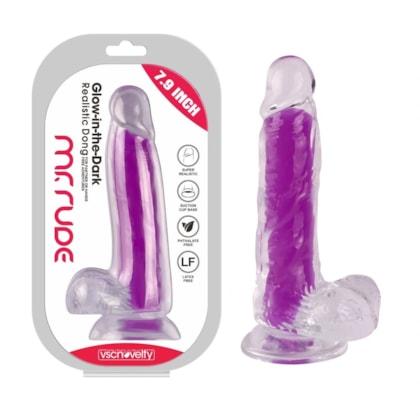 Mr. Rude - Pênis Realístico Transparente Com Interna Que Brilha no Escuro, Escroto e Ventosa | 20 x 4cm