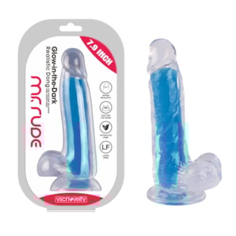 Mr. Rude - Pênis Realístico Transparente Com Interna Que Brilha no Escuro, Escroto e Ventosa | 20 x 4cm