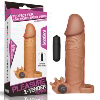 Pleasure X Tender Vibrating - Capa Peniana Marrom em Cyberskin Com Extensor na Glande de 5cm, Anel Escrotal e Vibrador
