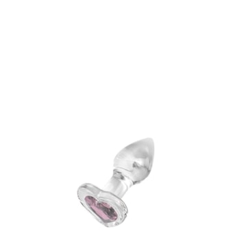 Plug Anal em Vidro Transparente Com Pedra Coração | Tam. P (7cm) | Cor: Rosa