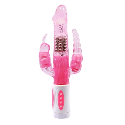 Pretty Bunny - Vibrador Triplo com 4 Rotações, Esferas Anais e Estimulador de Clítoris 12 Funções