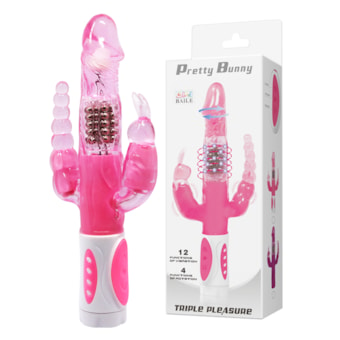 Pretty Bunny - Vibrador Triplo com 4 Rotações, Esferas Anais e Estimulador de Clítoris 12 Funções