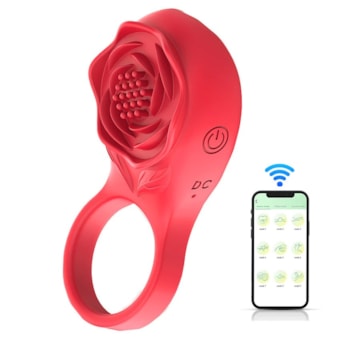 Rose - Anel Peniano Com Estimulador de Clítoris Formato Rosa, 9 Vibrações e Controle Via Aplicativo