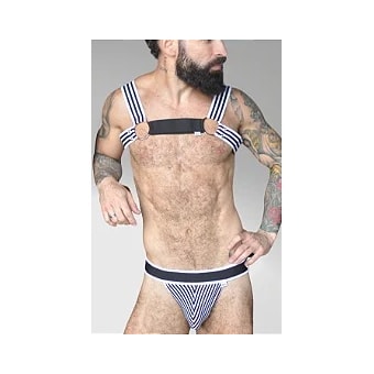 SD Clothing – Conjunto Jockstrap e Harness Listrado com Detalhes em Metal
