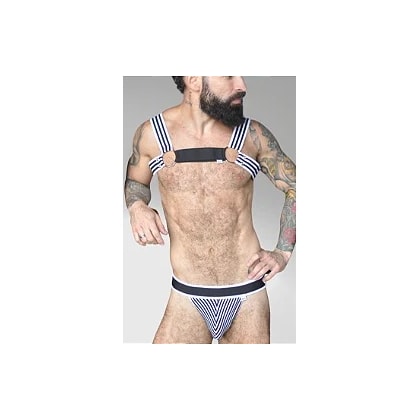 SD Clothing – Conjunto Jockstrap e Harness Listrado com Detalhes em Metal