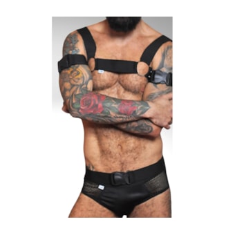 SD Clothing – Conjunto Sensual com Cueca em Couro e Tule com Harness e Braceletes