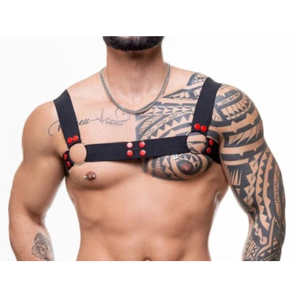 SD Clothing –  Harness em Elástico com Argolas e Detalhes Vermelho Intenso