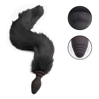 SI - Plug Anal Rabo de Raposa Preto com 10 Funções de Vibração