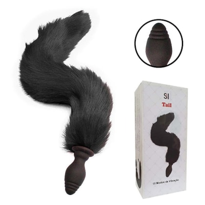 SI - Plug Anal Rabo de Raposa Preto com 10 Funções de Vibração