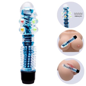 Vibrador Personal Azul e Capa Texturizada Com Esferas e Glande Realista