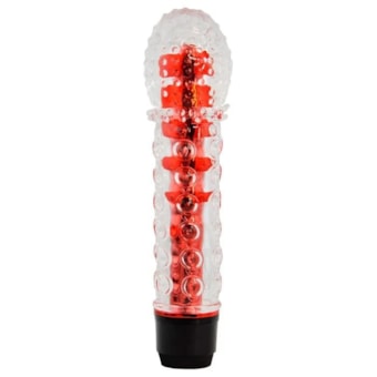 Vibrador Personal Vermelho Com Capa Inteira Texturizada em Jelly Transparente