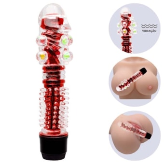Vibrador Personal Vermelho e Capa Texturizada Com Esferas e Glande Realista