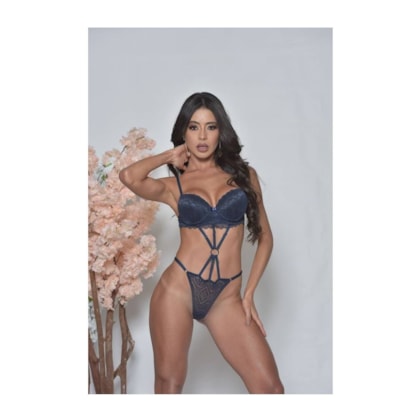 Yaffa Lingerie 7094 - Body Azul Marinho Rendado Com Bojo e Tiras