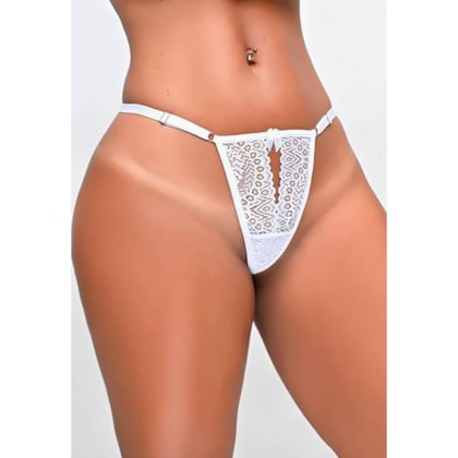 Yaffa Lingerie - Calcinha Branca com Abertura Frontal em Renda Elegante e Detalhe Brilhante em Jóia