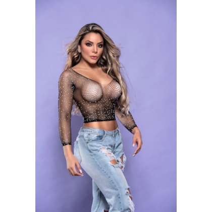 Yaffa Lingerie Y2092 - Cropped Renda Com Strass | Preto