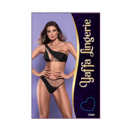 Yaffa Lingerie Y2095 - Conjunto Com Sutiã de Um Ombro Só e Calcinha Com Strass