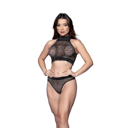 Yaffa Lingerie Y2115 - Conjunto Arrastão Cropped e Calcinha Com Strass