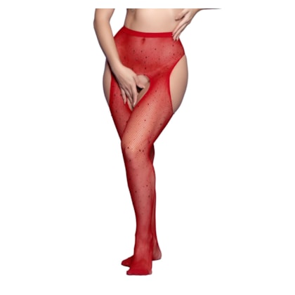 Yaffa Lingerie Y2120 - Meia Calça Arrastão Adornada em Strass e Com Aberturas