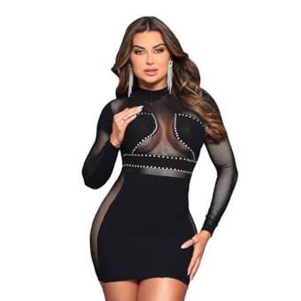 Yaffa Lingerie Y2155 | Mini Vestido Com Mangas Longas e Detalhes Em Strass