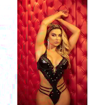 Yaffa Lingerie Y7156 | Body em Malha Metalizada e Renda com Ilhós