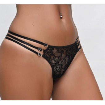 Yaffa Lingerie – Calcinha Fio Dental em Renda com Três Corações Brilhantes